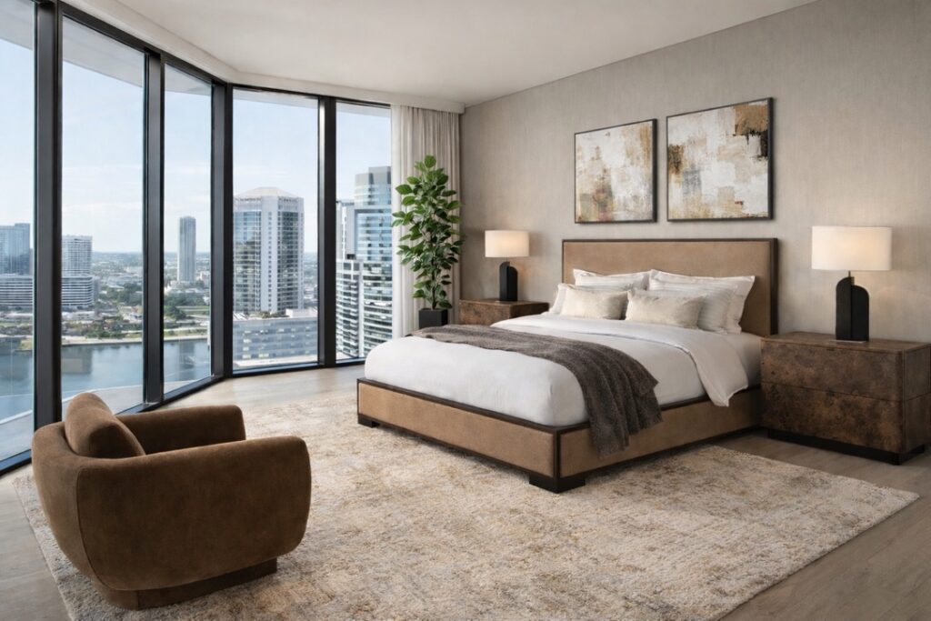 Luxury Tampa condominium bedroom with floor-to-ceiling windows and city views