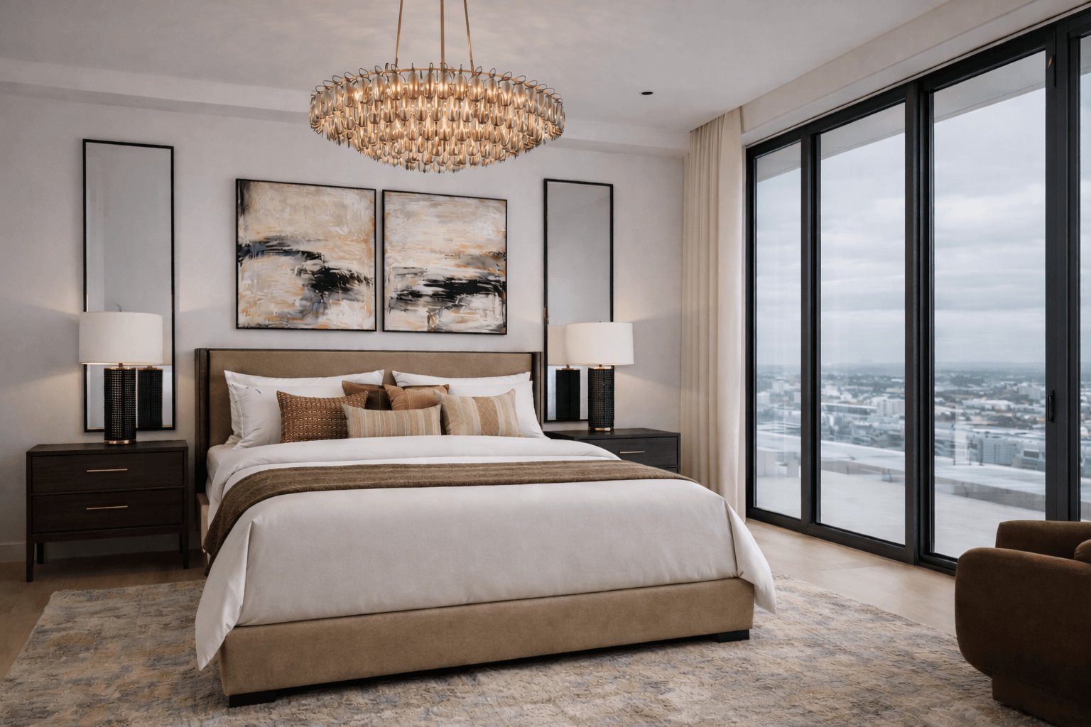 Luxury Tampa condominium bedroom with floor-to-ceiling windows and layered neutral textures