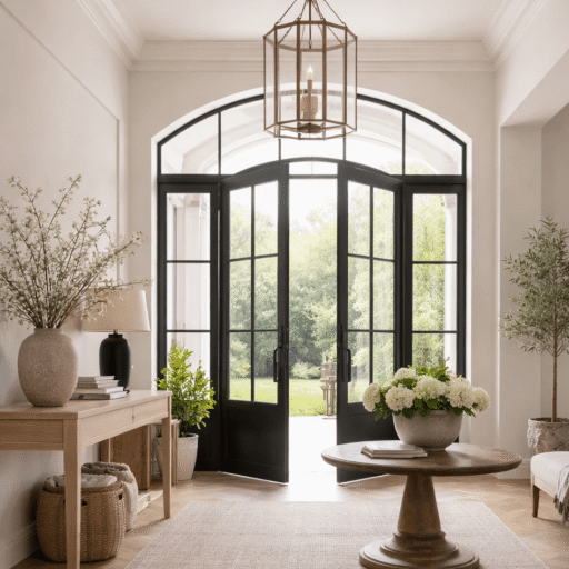 Transitional Odessa Florida entryway with arched iron doors and natural ligh