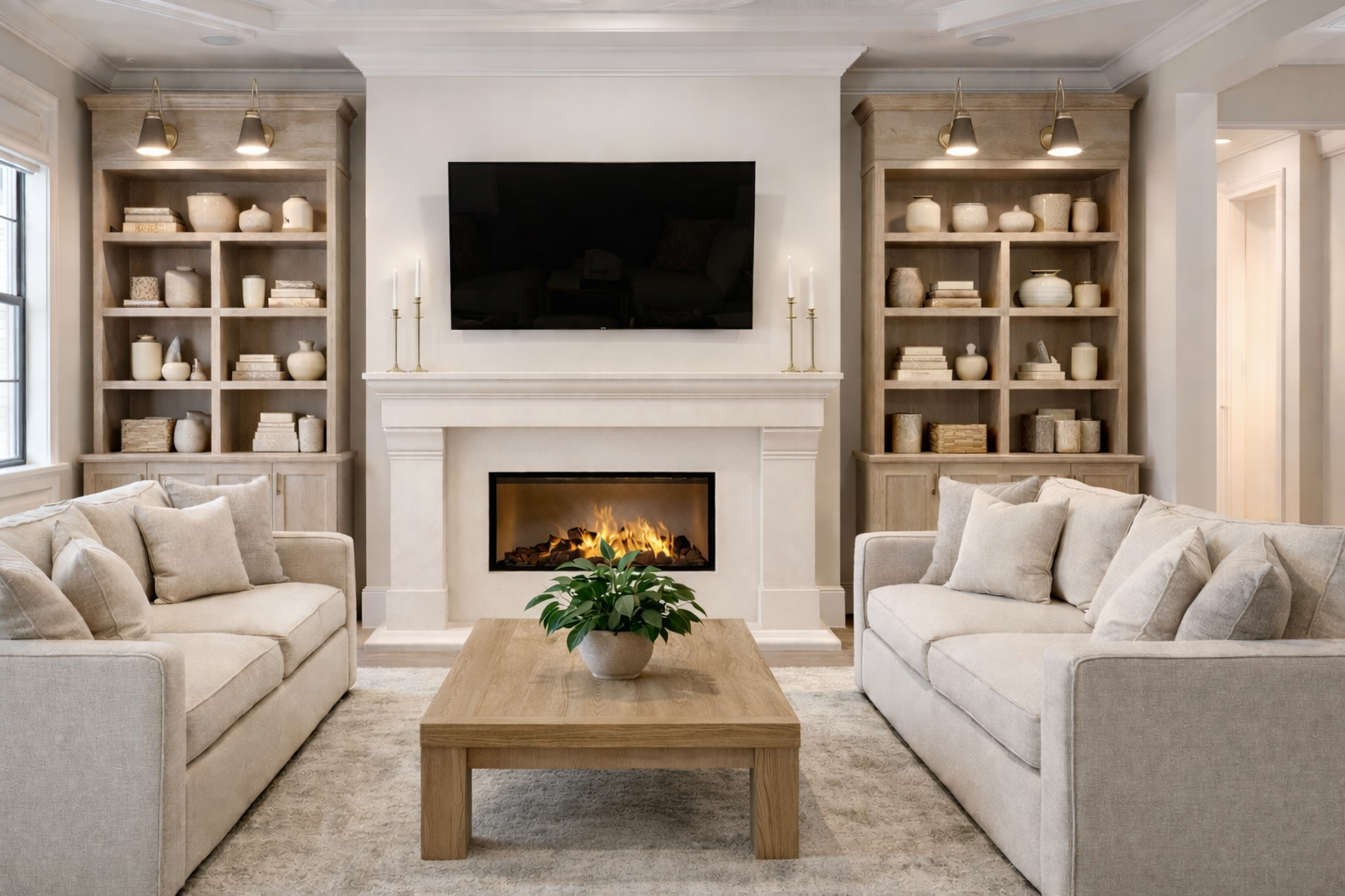 Transitional living room design in Odessa Florida with fireplace and built-in shelving