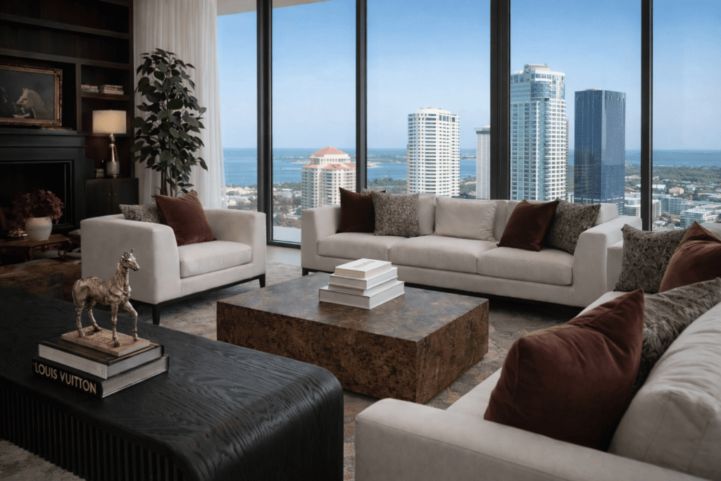 Luxury Tampa condominium living room with skyline views and modern neutral furnishings