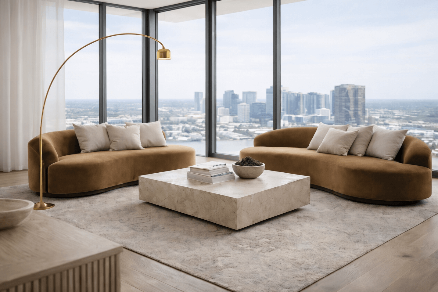 Luxury Tampa condominium living room with skyline views and modern neutral seating