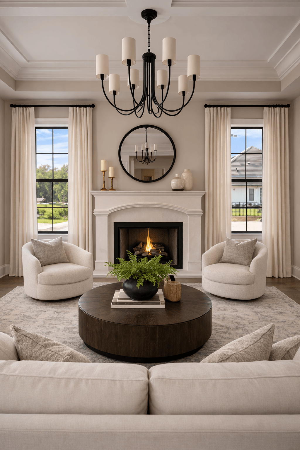 Formal sitting room in Odessa Florida home with fireplace and swivel chairs