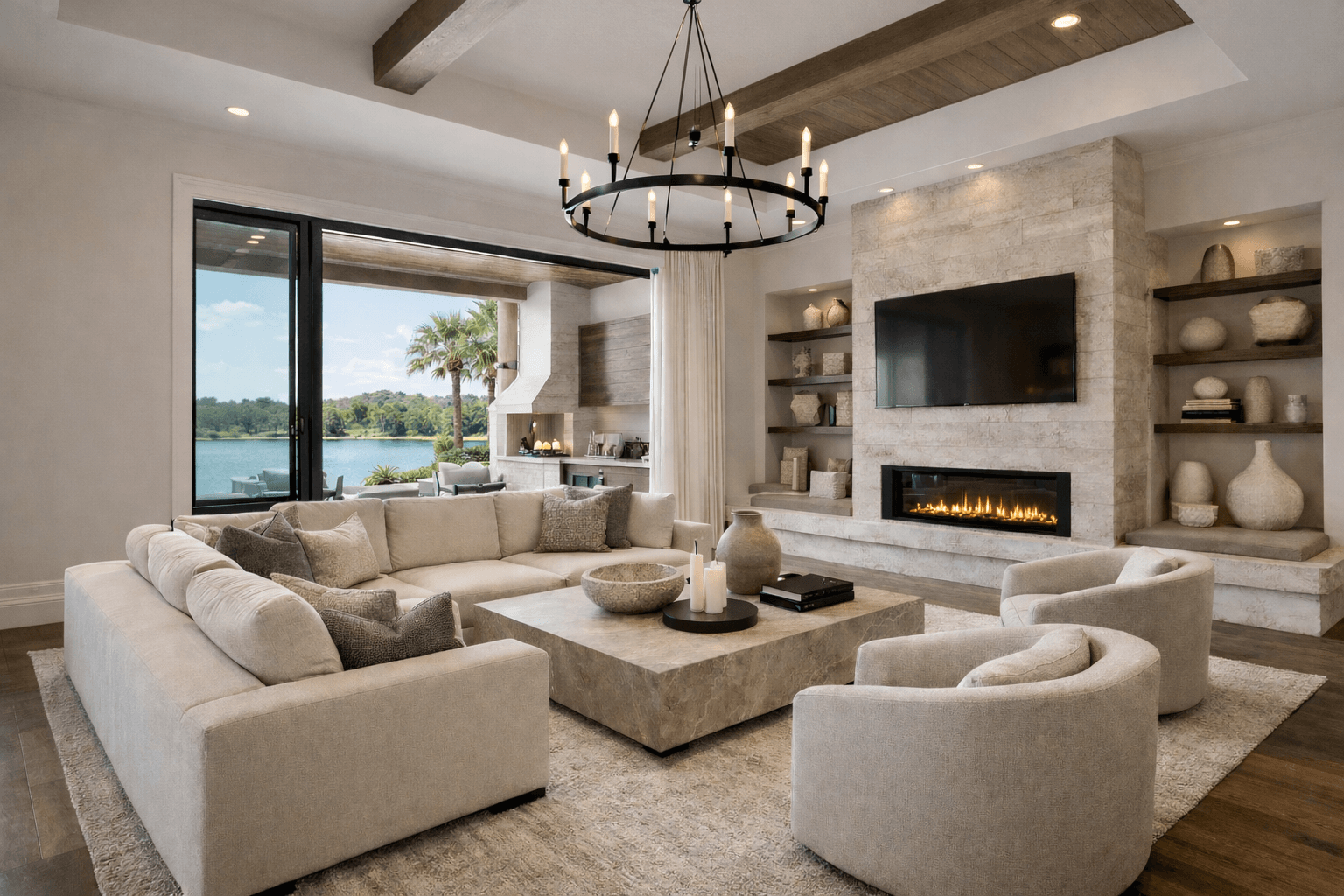 Luxury living room design in Tampa FL with neutral tones, modern furniture, and balanced layout