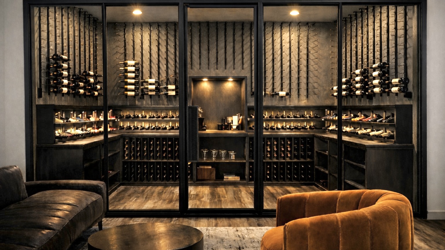 Luxury glass wine cellar with custom metal bottle storage