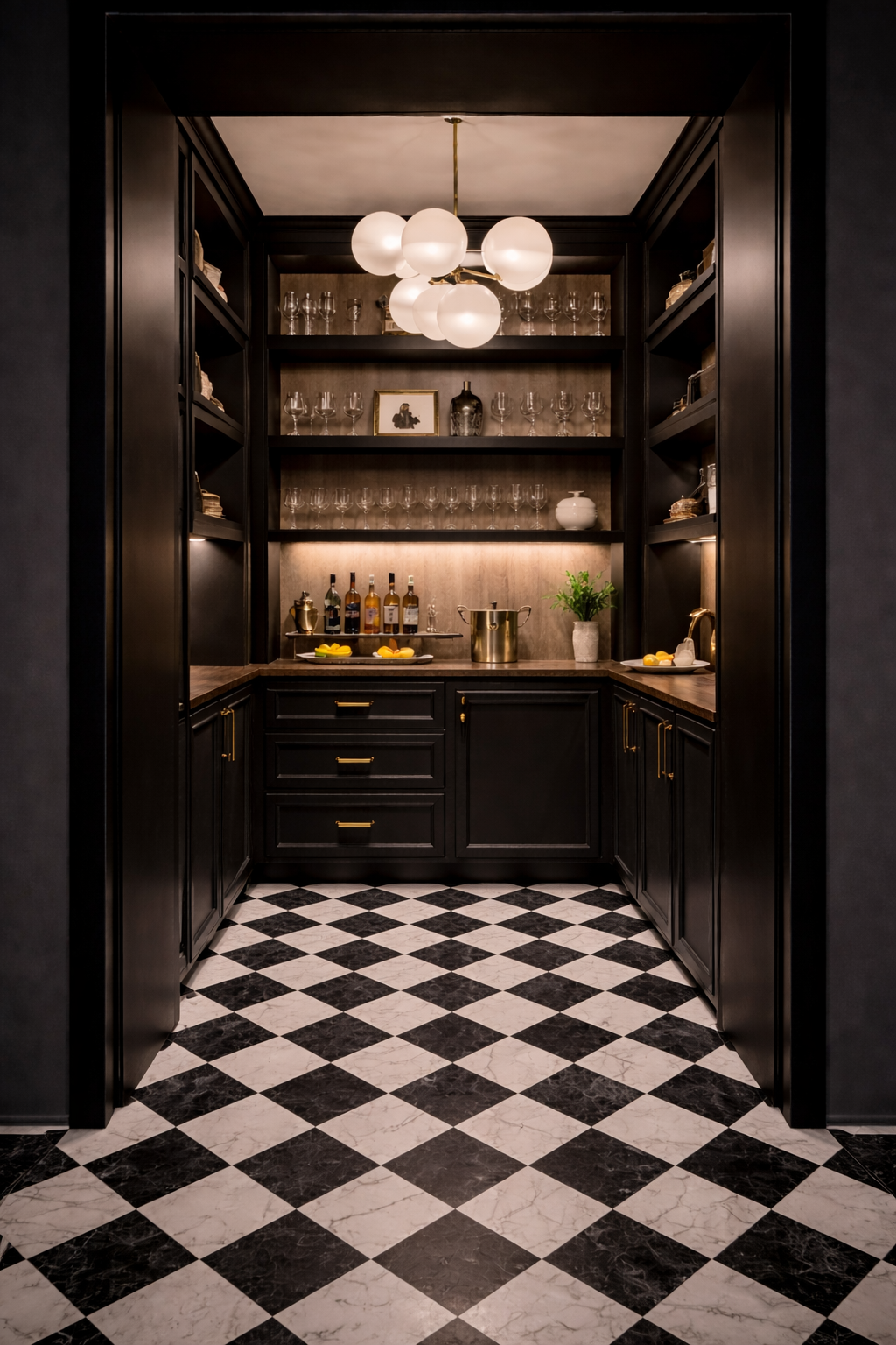 Luxury home pantry with dark cabinetry and integrated glassware display