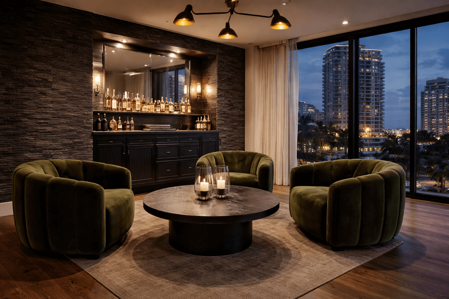 Speakeasy lounge with velvet chairs and custom cocktail bar