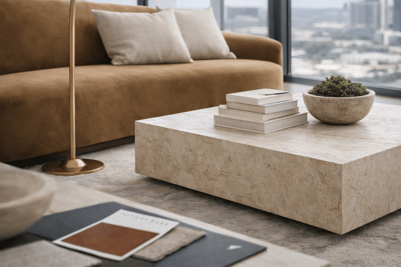 Luxury interior designer Tampa high-end residential living room with neutral palette and architectural detailing