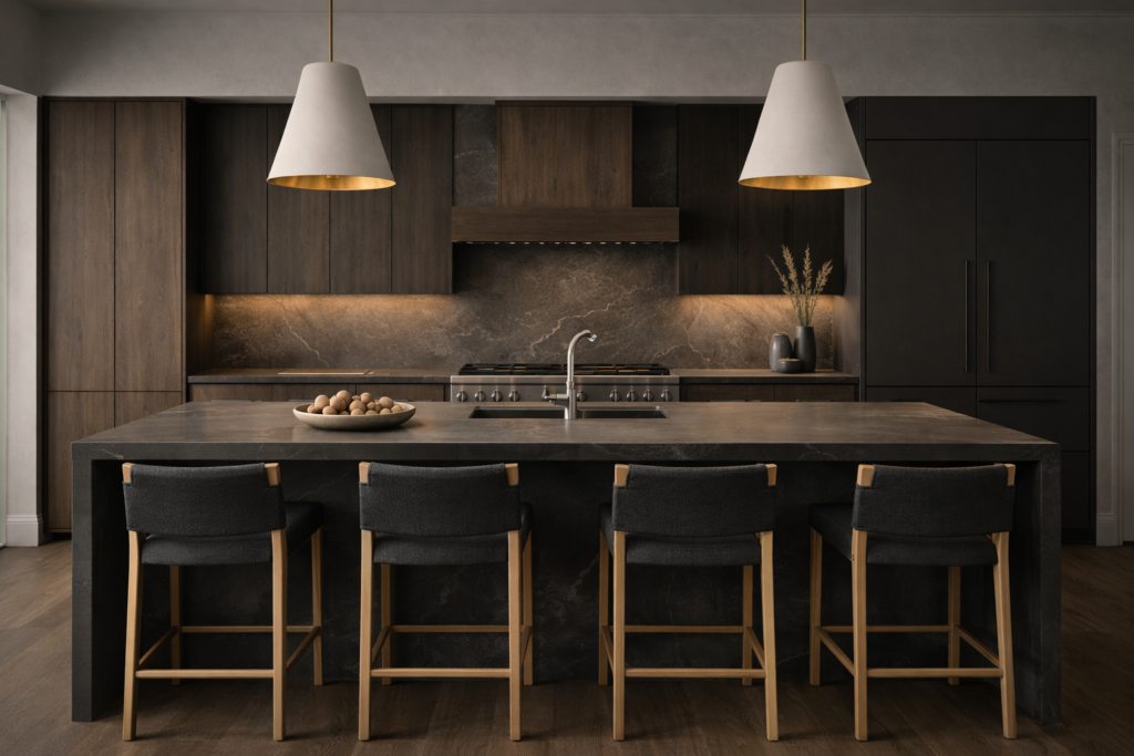 Luxury Tampa condominium kitchen with dark cabinetry and oversized island