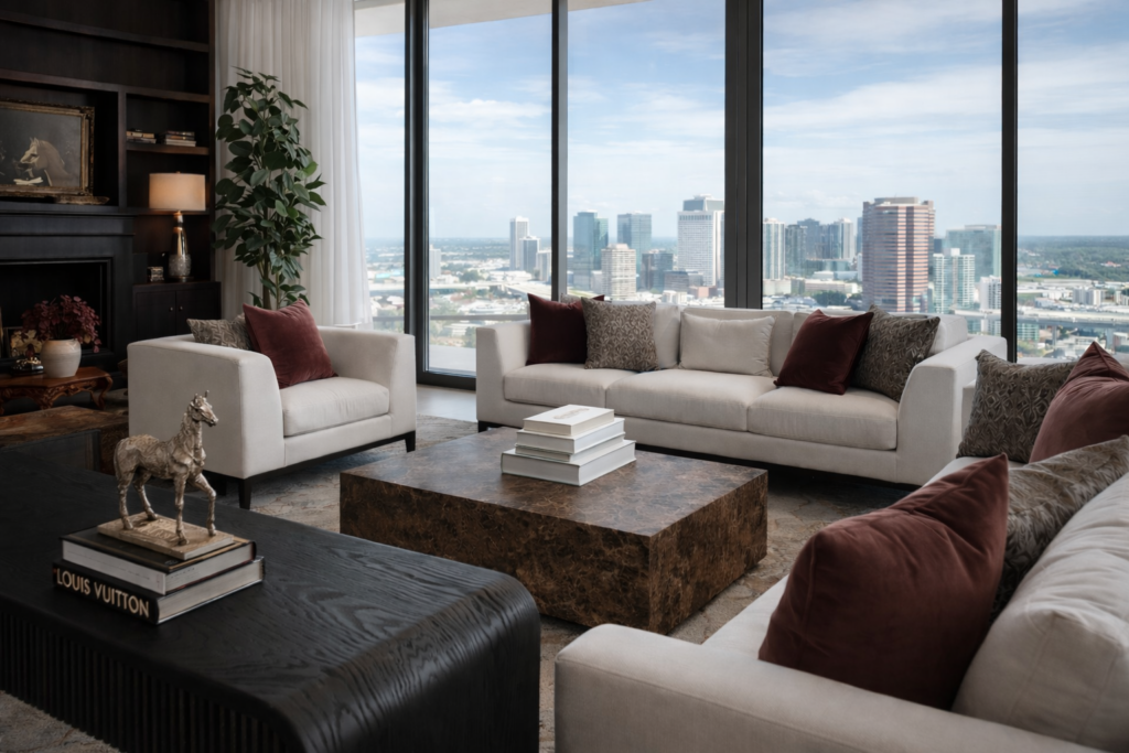 Luxury high-rise condo living room designed in Tampa